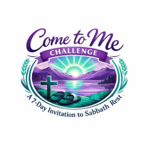 Come to Me: A 7-Day Invitation to Sabbath Rest podcast challenge, featuring calming colors and inviting design.